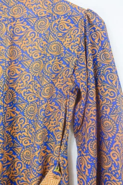 Lola Long Wrap Dress - Ginger & Indigo Psychedelic - Vintage Indian Sari - Size S/M 7 Lola Long Wrap Dress - Ginger & Indigo Psychedelic - Vintage Indian Sari - Size S/M -KIKIS Clothing Shop bohemian hippie wrap wraparound mini dress balloon sleeves indian recycled silk sari all about audrey 12