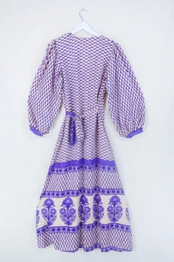 Lola Long Wrap Dress - Alabaster & Violet Fruits - Vintage Indian Sari - Size L -KIKIS Clothing Shop bohemian hippie wrap wraparound mini dress balloon sleeves indian recycled silk sari all about audrey 120
