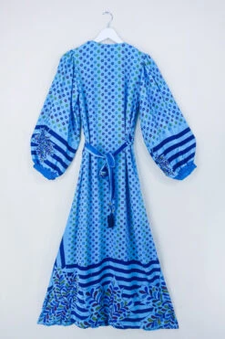 Lola Long Wrap Dress - Crystal Blue Groovy Floral - Vintage Indian Sari - Size S/M -KIKIS Clothing Shop bohemian hippie wrap wraparound mini dress balloon sleeves indian recycled silk sari all about audrey 126