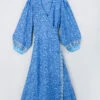Lola Long Wrap Dress - Blue Topaz & Mauve Spirals - Vintage Indian Sari - Size S/M