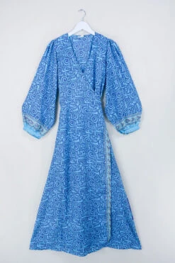 Lola Long Wrap Dress - Blue Topaz & Mauve Spirals - Vintage Indian Sari - Size S/M