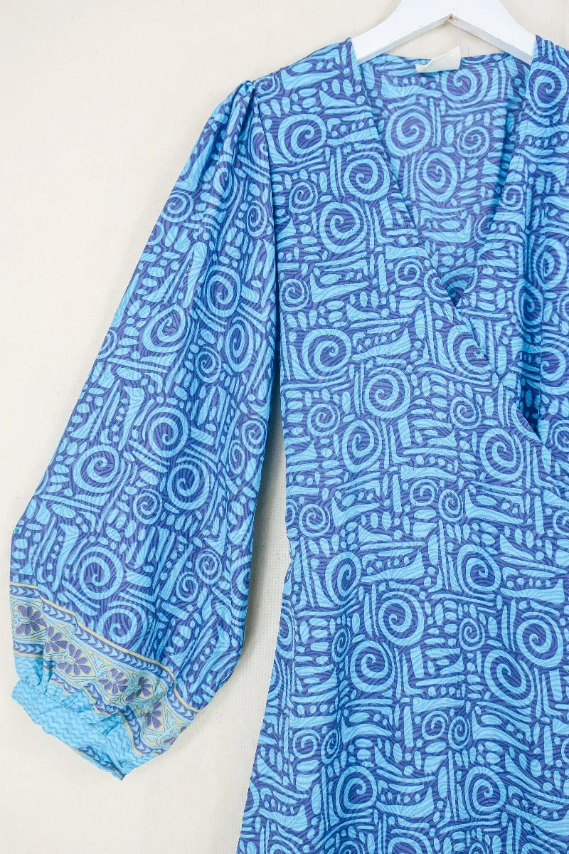 Lola Long Wrap Dress - Blue Topaz & Mauve Spirals - Vintage Indian Sari - Size S/M 2 Lola Long Wrap Dress - Blue Topaz & Mauve Spirals - Vintage Indian Sari - Size S/M - Image 2
