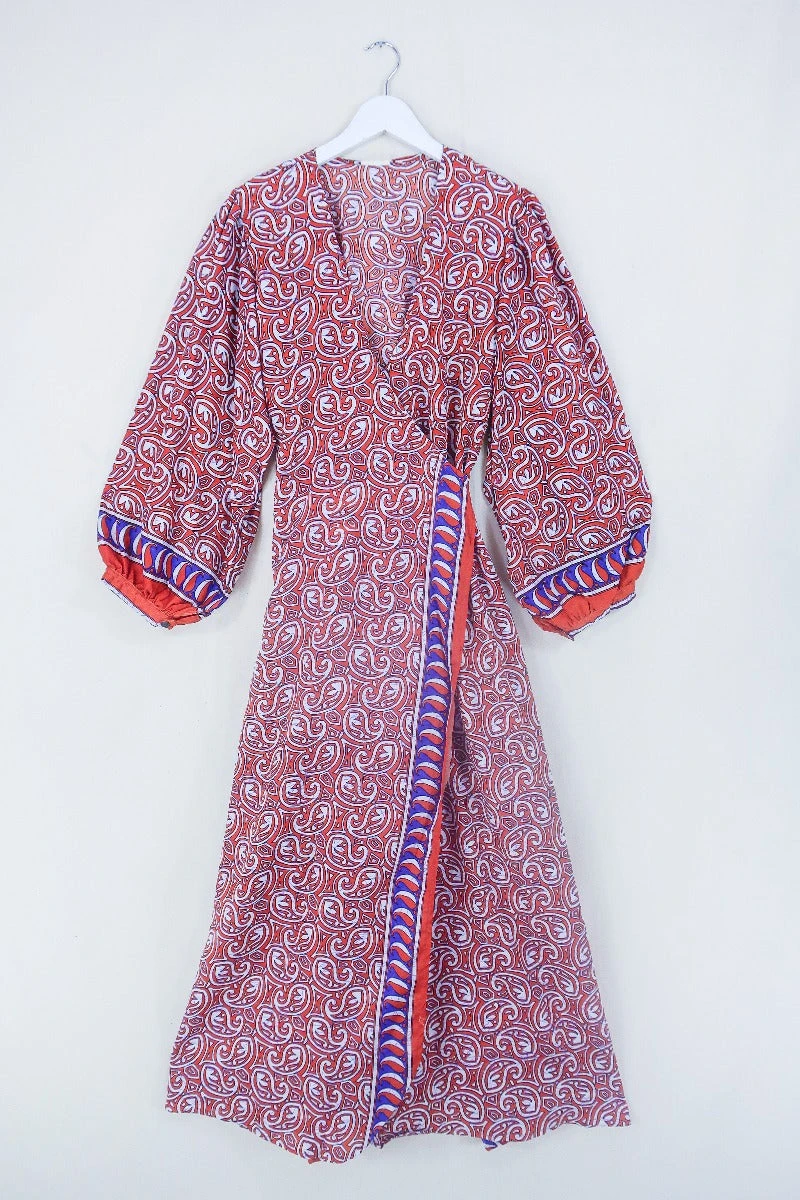 Lola Long Wrap Dress - Burnt Orange & White Paisley - Vintage Indian Sari - Size XXL 1 Lola Long Wrap Dress - Burnt Orange & White Paisley - Vintage Indian Sari - Size XXL