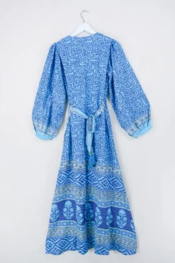 Lola Long Wrap Dress - Blue Topaz & Mauve Spirals - Vintage Indian Sari - Size S/M 6 Lola Long Wrap Dress - Blue Topaz & Mauve Spirals - Vintage Indian Sari - Size S/M -KIKIS Clothing Shop bohemian hippie wrap wraparound mini dress balloon sleeves indian recycled silk sari all about audrey 130