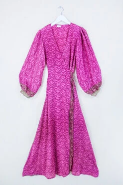 Lola Long Wrap Dress - Two Tone Pink Ivy - Vintage Indian Sari - Size S/M