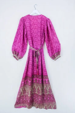 Lola Long Wrap Dress - Two Tone Pink Ivy - Vintage Indian Sari - Size S/M -KIKIS Clothing Shop bohemian hippie wrap wraparound mini dress balloon sleeves indian recycled silk sari all about audrey 137