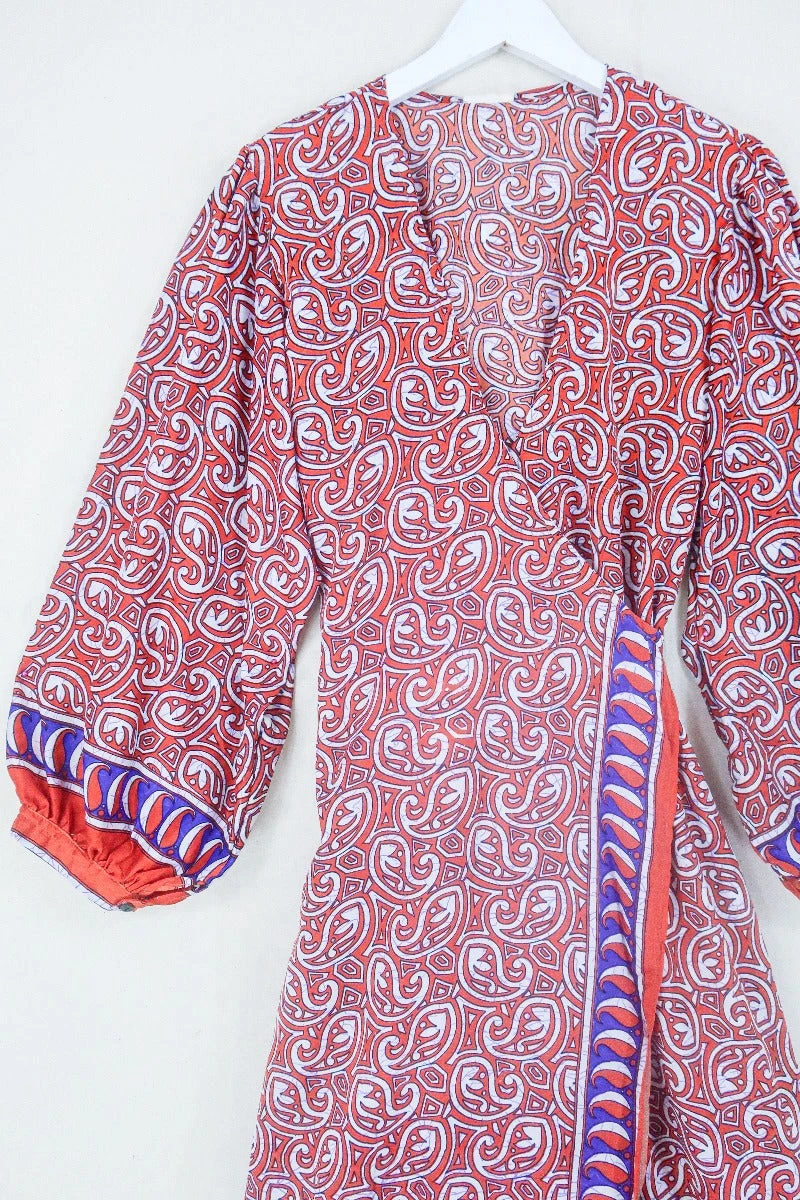 Lola Long Wrap Dress - Burnt Orange & White Paisley - Vintage Indian Sari - Size XXL 2 Lola Long Wrap Dress - Burnt Orange & White Paisley - Vintage Indian Sari - Size XXL - Image 2