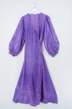 Lola Long Wrap Dress - Dove Grey & Purple Block Print - Vintage Indian Sari - Size S/M