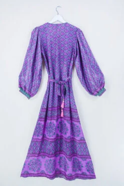 Lola Long Wrap Dress - Dove Grey & Purple Block Print - Vintage Indian Sari - Size S/M -KIKIS Clothing Shop bohemian hippie wrap wraparound mini dress balloon sleeves indian recycled silk sari all about audrey 144
