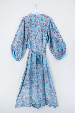 Lola Long Wrap Dress - Turquoise & Bronze Vines - Vintage Indian Sari - Size XXL -KIKIS Clothing Shop bohemian hippie wrap wraparound mini dress balloon sleeves indian recycled silk sari all about audrey 23