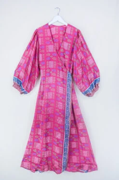 Lola Long Wrap Dress - Blazing Pink Graphic Print - Vintage Indian Sari - Size XXL
