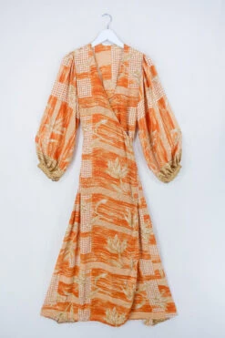 Lola Long Wrap Dress - Sunset Orange Reeds - Vintage Indian Sari - Size S/M