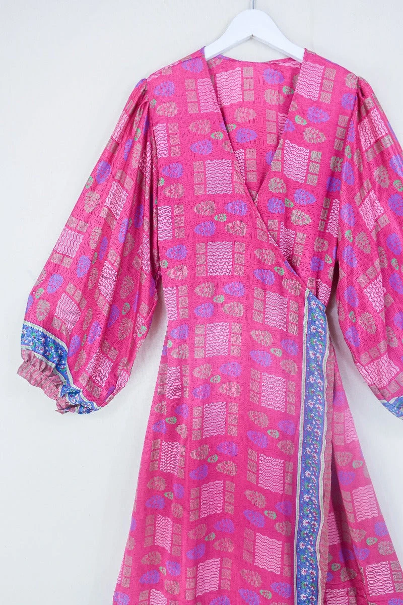 Lola Long Wrap Dress - Blazing Pink Graphic Print - Vintage Indian Sari - Size XXL 2 Lola Long Wrap Dress - Blazing Pink Graphic Print - Vintage Indian Sari - Size XXL - Image 2