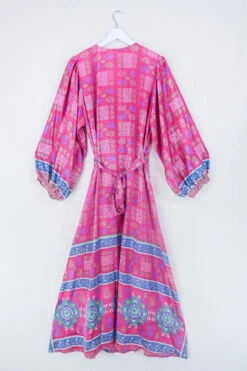 Lola Long Wrap Dress - Blazing Pink Graphic Print - Vintage Indian Sari - Size XXL 5 Lola Long Wrap Dress - Blazing Pink Graphic Print - Vintage Indian Sari - Size XXL -KIKIS Clothing Shop bohemian hippie wrap wraparound mini dress balloon sleeves indian recycled silk sari all about audrey 32