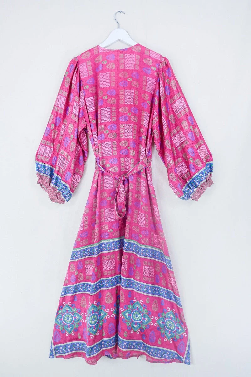 Lola Long Wrap Dress - Blazing Pink Graphic Print - Vintage Indian Sari - Size XXL 3 Lola Long Wrap Dress - Blazing Pink Graphic Print - Vintage Indian Sari - Size XXL - Image 3