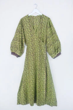 Lola Long Wrap Dress - Chocolate Brown & Pistachio Botanical - Vintage Indian Sari - Size XXL