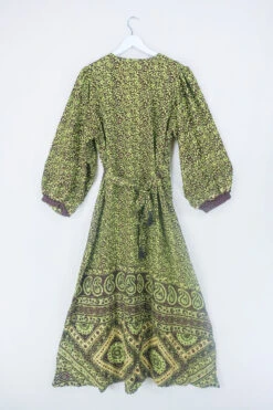 Lola Long Wrap Dress - Chocolate Brown & Pistachio Botanical - Vintage Indian Sari - Size XXL -KIKIS Clothing Shop bohemian hippie wrap wraparound mini dress balloon sleeves indian recycled silk sari all about audrey 35
