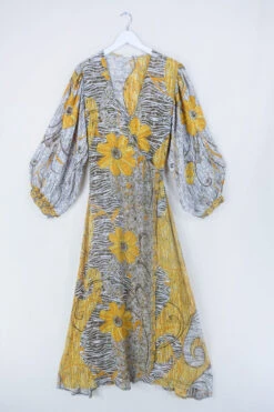 Lola Long Wrap Dress - Mustard Yellow & Sand Bold Print - Vintage Indian Sari - Size XXL