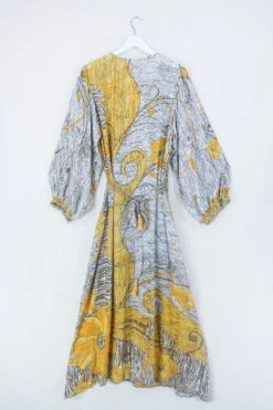 Lola Long Wrap Dress - Mustard Yellow & Sand Bold Print - Vintage Indian Sari - Size XXL -KIKIS Clothing Shop bohemian hippie wrap wraparound mini dress balloon sleeves indian recycled silk sari all about audrey 38