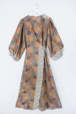Lola Long Wrap Dress - Mother Earth Autumnal Tones - Vintage Indian Sari - Size XXL