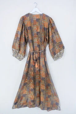 Lola Long Wrap Dress - Mother Earth Autumnal Tones - Vintage Indian Sari - Size XXL -KIKIS Clothing Shop bohemian hippie wrap wraparound mini dress balloon sleeves indian recycled silk sari all about audrey 41