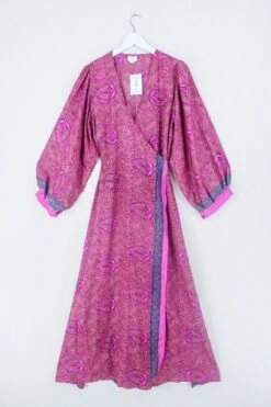 Lola Long Wrap Dress - Olive & Pink Floral Crests - Vintage Indian Sari - Size XXL