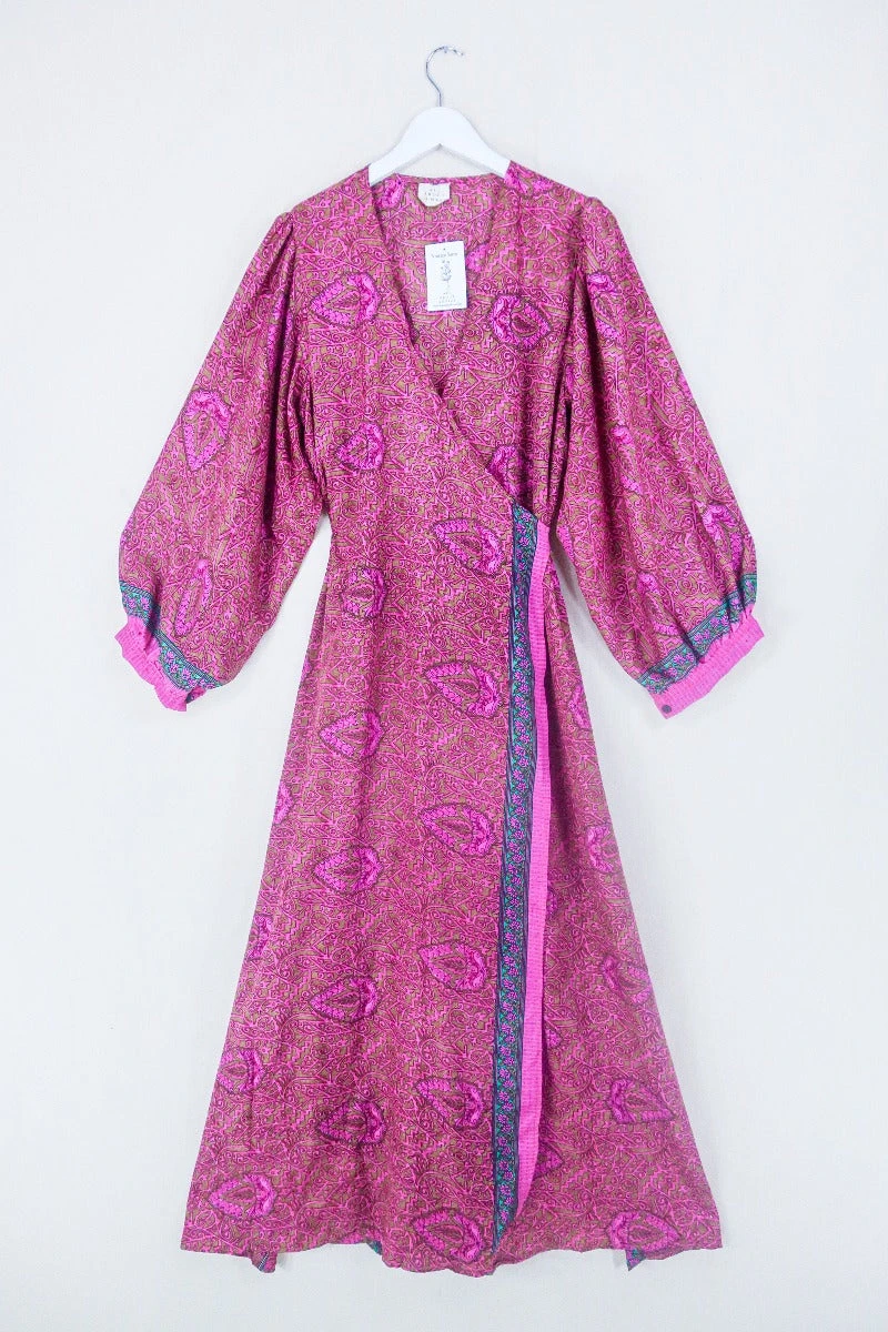 Lola Long Wrap Dress - Olive & Pink Floral Crests - Vintage Indian Sari - Size XXL 1 Lola Long Wrap Dress - Olive & Pink Floral Crests - Vintage Indian Sari - Size XXL