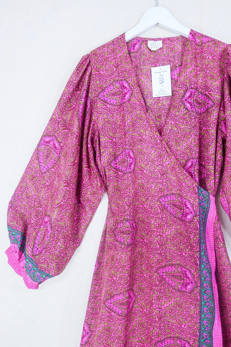 Lola Long Wrap Dress - Olive & Pink Floral Crests - Vintage Indian Sari - Size XXL 2 Lola Long Wrap Dress - Olive & Pink Floral Crests - Vintage Indian Sari - Size XXL - Image 2