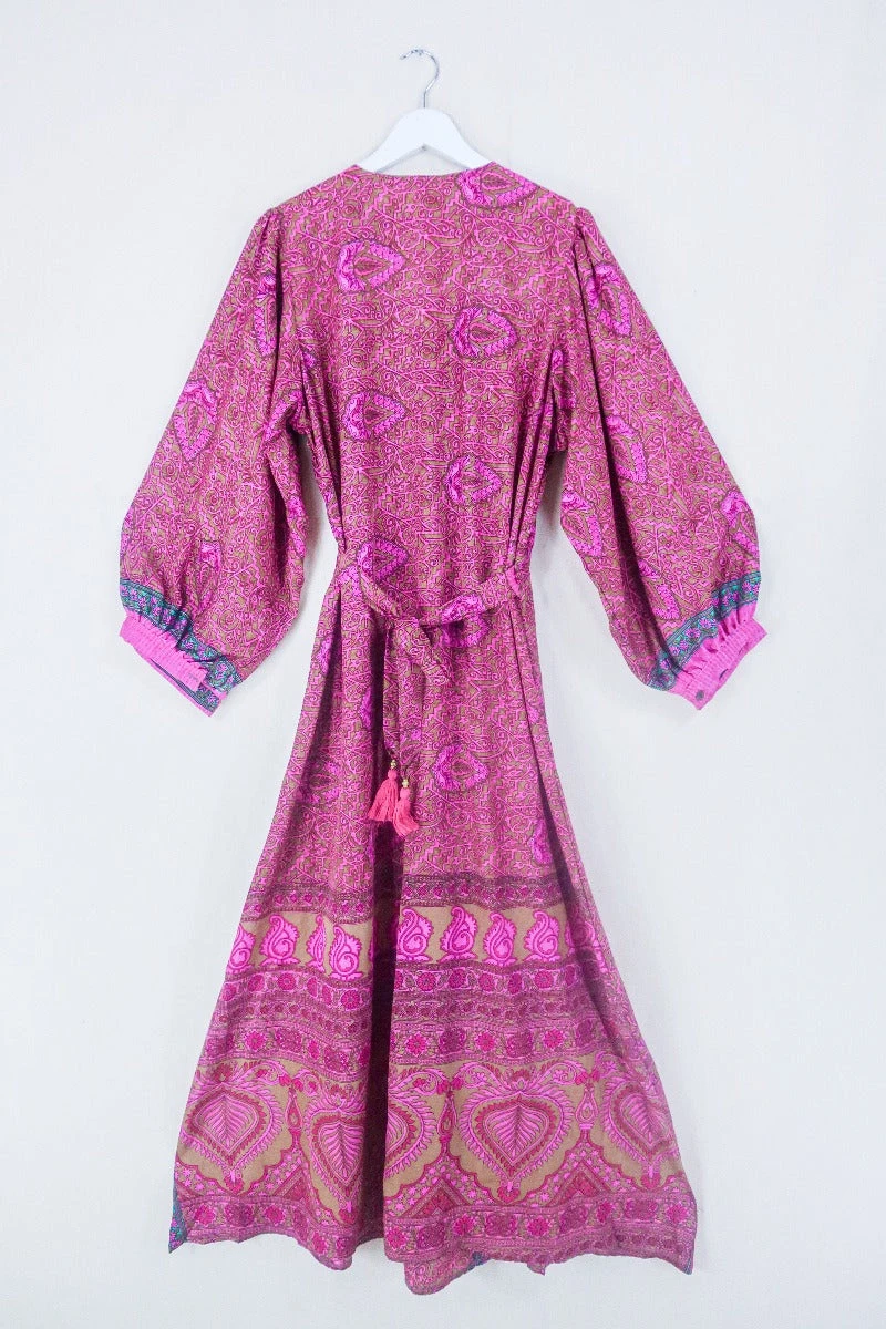 Lola Long Wrap Dress - Olive & Pink Floral Crests - Vintage Indian Sari - Size XXL 3 Lola Long Wrap Dress - Olive & Pink Floral Crests - Vintage Indian Sari - Size XXL - Image 3