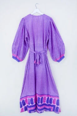 Lola Long Wrap Dress - Blush Pink & Lavender Floral Print - Vintage Indian Sari - Size XXL -KIKIS Clothing Shop bohemian hippie wrap wraparound mini dress balloon sleeves indian recycled silk sari all about audrey 51 52acd5be c716 4d72 a188 879807f7b6fa