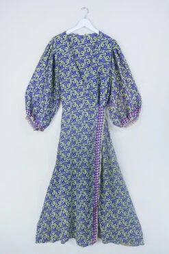 Lola Long Wrap Dress - Violet & Lime Green Paisley - Vintage Indian Sari - Size XXL