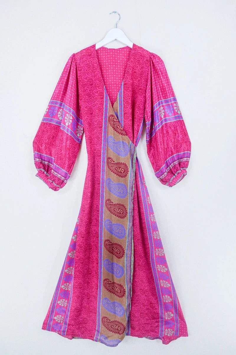 Lola Long Wrap Dress - Sunfire Pink Floral Tiles - Vintage Indian Sari - Size S/M 1 Lola Long Wrap Dress - Sunfire Pink Floral Tiles - Vintage Indian Sari - Size S/M