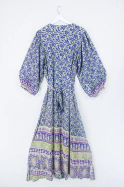 Lola Long Wrap Dress - Violet & Lime Green Paisley - Vintage Indian Sari - Size XXL -KIKIS Clothing Shop bohemian hippie wrap wraparound mini dress balloon sleeves indian recycled silk sari all about audrey 61