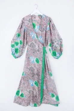 Lola Long Wrap Dress - Cedar Wood & Green Floral - Vintage Indian Sari - Size L/XL