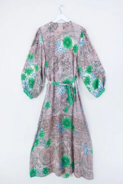 Lola Long Wrap Dress - Cedar Wood & Green Floral - Vintage Indian Sari - Size L/XL 5 Lola Long Wrap Dress - Cedar Wood & Green Floral - Vintage Indian Sari - Size L/XL -KIKIS Clothing Shop bohemian hippie wrap wraparound mini dress balloon sleeves indian recycled silk sari all about audrey 69