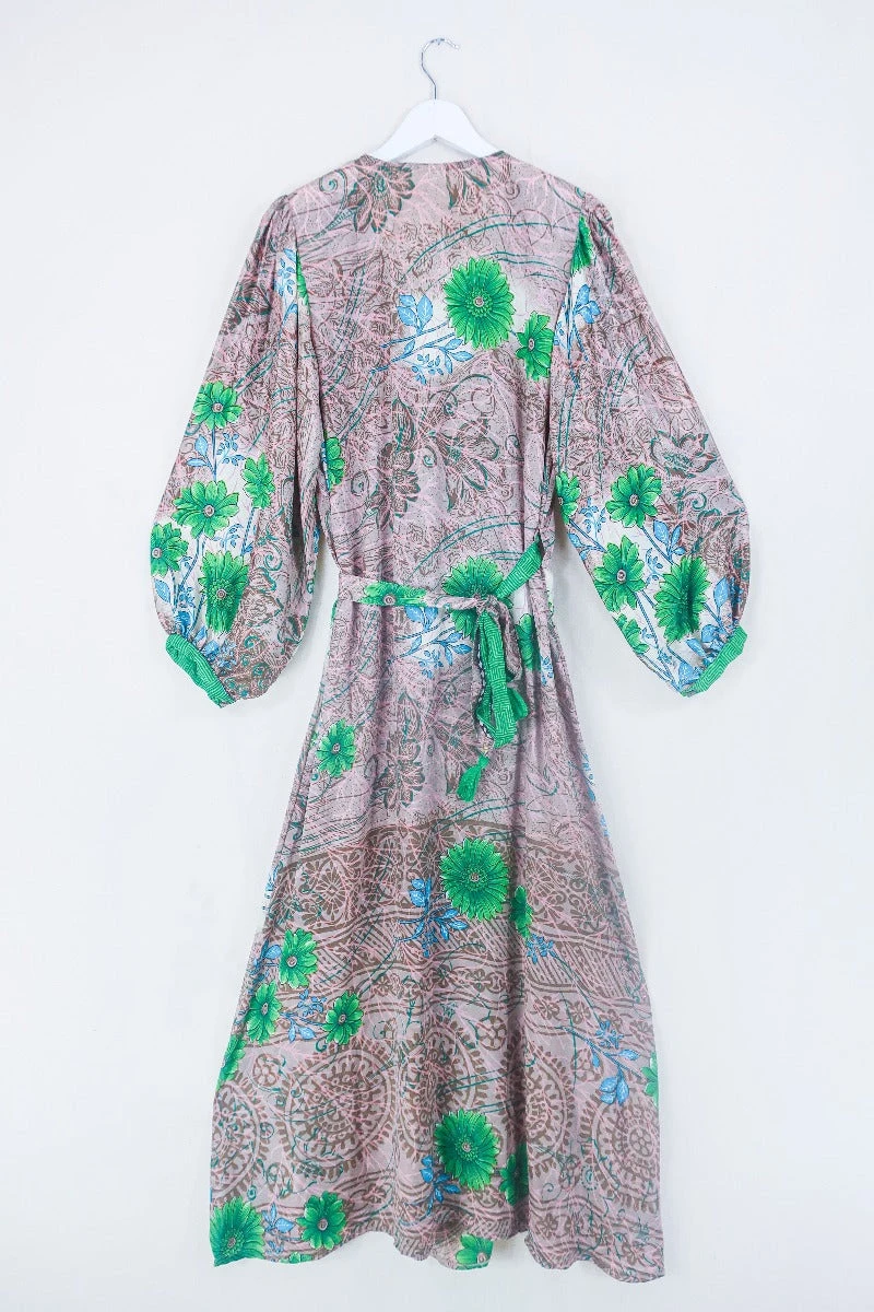 Lola Long Wrap Dress - Cedar Wood & Green Floral - Vintage Indian Sari - Size L/XL 3 Lola Long Wrap Dress - Cedar Wood & Green Floral - Vintage Indian Sari - Size L/XL - Image 3