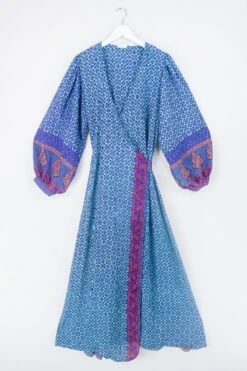 Lola Long Wrap Dress - Pine Green & Violet Tiles - Vintage Indian Sari - Size L/XL