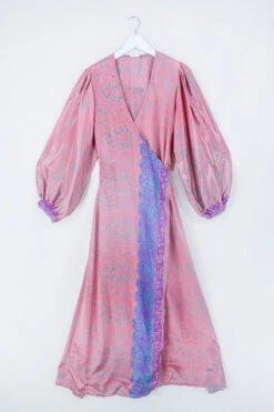Lola Long Wrap Dress - Rouge Pink & Juniper Paisley - Vintage Indian Sari - Size L/XL