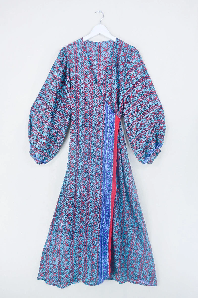 KIKIS Clothing Shop -KIKIS Clothing Shop bohemian hippie wrap wraparound mini dress balloon sleeves indian recycled silk sari all about audrey 85