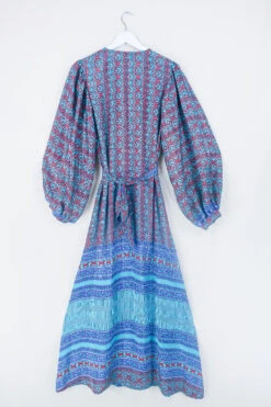 Lola Long Wrap Dress - Aquamarine & Ruby Block Floral - Vintage Indian Sari - Size S/M -KIKIS Clothing Shop bohemian hippie wrap wraparound mini dress balloon sleeves indian recycled silk sari all about audrey 87