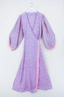 Lola Long Wrap Dress - Ballet Pink & Slate Floral - Vintage Indian Sari - Size L/XL