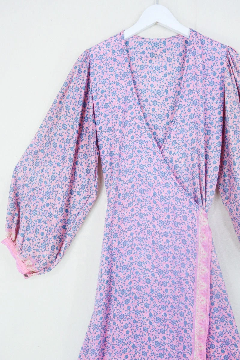 Lola Long Wrap Dress - Ballet Pink & Slate Floral - Vintage Indian Sari - Size L/XL 2 Lola Long Wrap Dress - Ballet Pink & Slate Floral - Vintage Indian Sari - Size L/XL - Image 2
