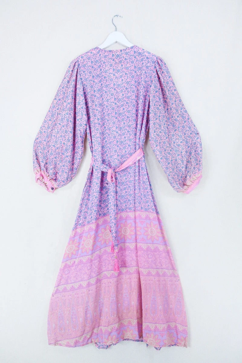 Lola Long Wrap Dress - Ballet Pink & Slate Floral - Vintage Indian Sari - Size L/XL 3 Lola Long Wrap Dress - Ballet Pink & Slate Floral - Vintage Indian Sari - Size L/XL - Image 3