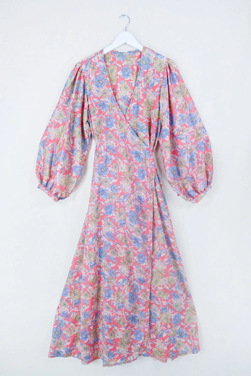 Lola Long Wrap Dress - Rose Red, Sage & Mercury Floral - Vintage Indian Sari - Size L/XL 1 Lola Long Wrap Dress - Rose Red, Sage & Mercury Floral - Vintage Indian Sari - Size L/XL