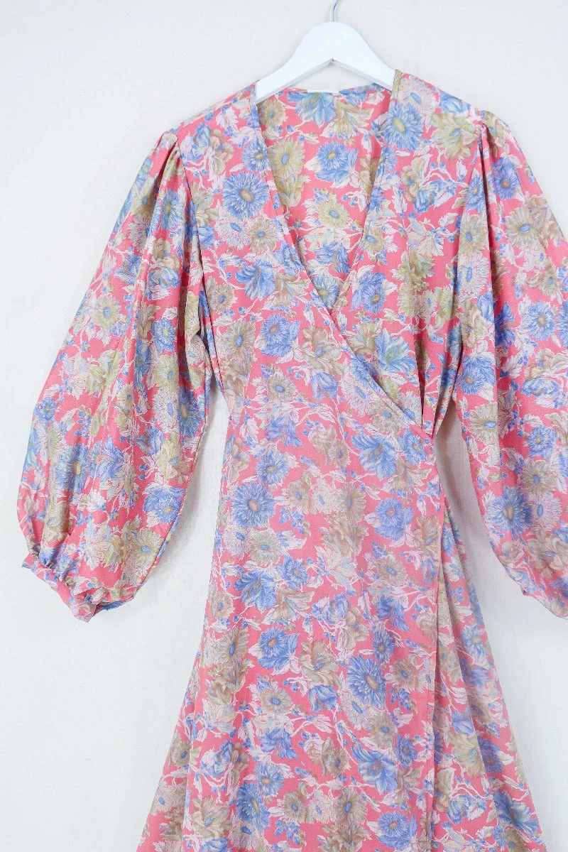 Lola Long Wrap Dress - Rose Red, Sage & Mercury Floral - Vintage Indian Sari - Size L/XL 2 Lola Long Wrap Dress - Rose Red, Sage & Mercury Floral - Vintage Indian Sari - Size L/XL - Image 2