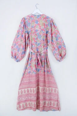 Lola Long Wrap Dress - Rose Red, Sage & Mercury Floral - Vintage Indian Sari - Size L/XL 5 Lola Long Wrap Dress - Rose Red, Sage & Mercury Floral - Vintage Indian Sari - Size L/XL -KIKIS Clothing Shop bohemian hippie wrap wraparound mini dress balloon sleeves indian recycled silk sari all about audrey 94