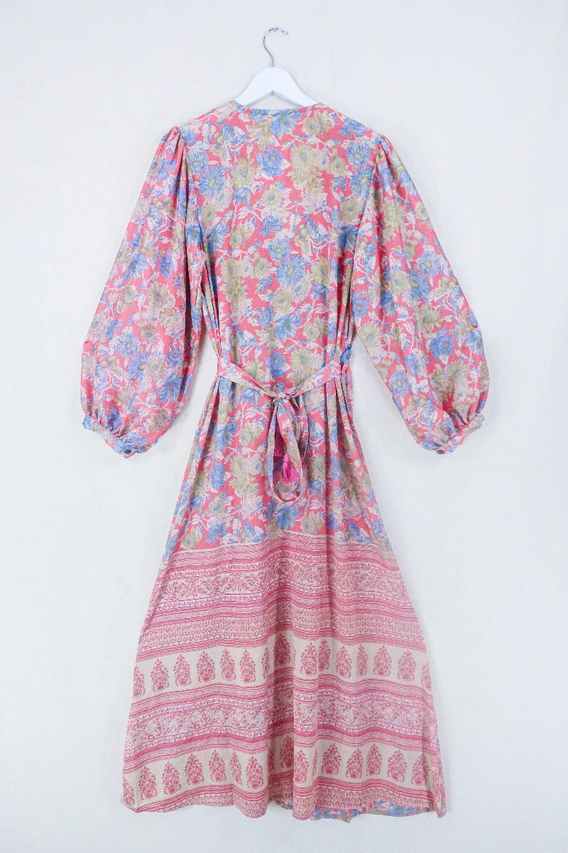 Lola Long Wrap Dress - Rose Red, Sage & Mercury Floral - Vintage Indian Sari - Size L/XL 3 Lola Long Wrap Dress - Rose Red, Sage & Mercury Floral - Vintage Indian Sari - Size L/XL - Image 3