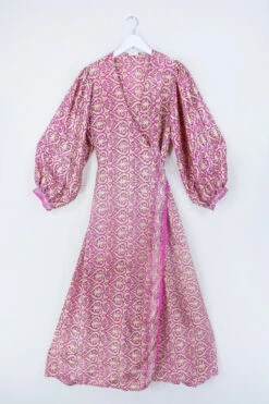 Lola Long Wrap Dress - Pink Amethyst & Gold Regal Motif - Vintage Indian Sari - Size L/XL