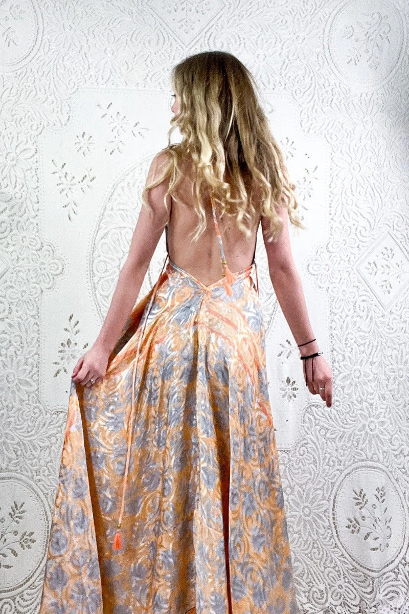 Eden Halter Maxi Dress - Vintage Sari - Peach Blush & Stone Jacquard - Free Size M/L 2 Eden Halter Maxi Dress - Vintage Sari - Peach Blush & Stone Jacquard - Free Size M/L - Image 2