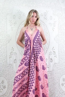 Eden Halter Maxi Dress - Vintage Sari - Baby Pink & Plum Motif - Free Size S/M -KIKIS Clothing Shop boho bohemian retro hippie chic recycled vintage indian sari halter neck maxi dress colourful print 70s inspired all about audrey 15